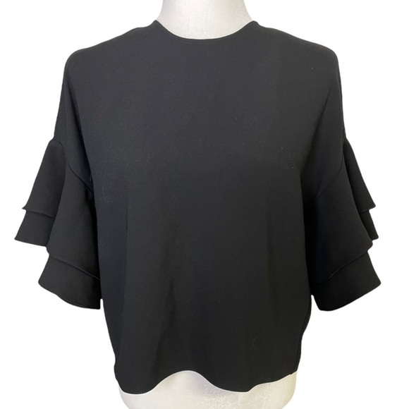 𝅺NWT Zara Women Black Short Layered Sleeve Crop Blouse Sz XS - Picture 1 of 5